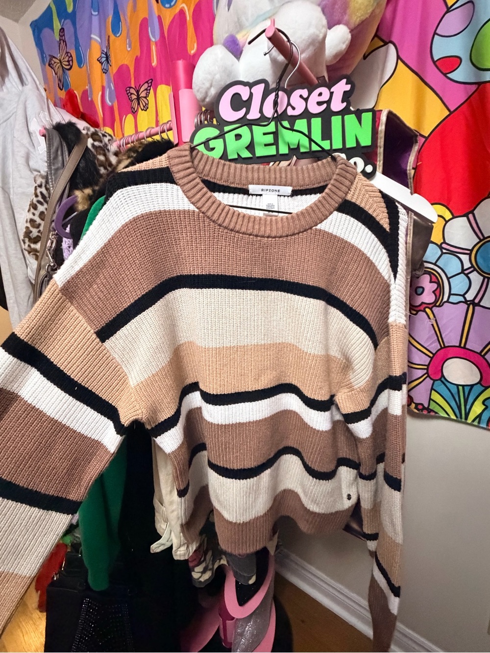 Striped Crewneck Sweater in Beige, Cream & Black